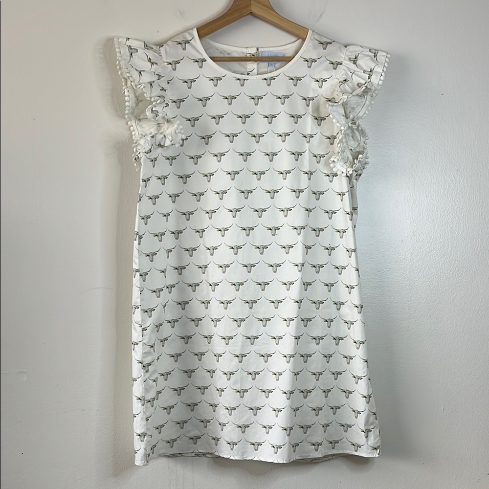 Women’s Cream Mini Dress with Bull Print and Ruffle Sleeves
